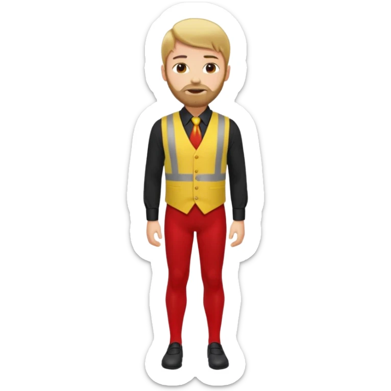 A blond man wearing a black dress shirt, red tights, and a yellow tie. A red vest over his black shirt. A blond man with brown hair and a short beard. His outfit consists of a black shirt, a red vest over it, and a yellow tie. (no white in clouth) sticker