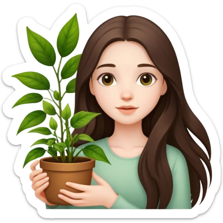 beautiful pale brunette girl with long hair holding plants  sticker