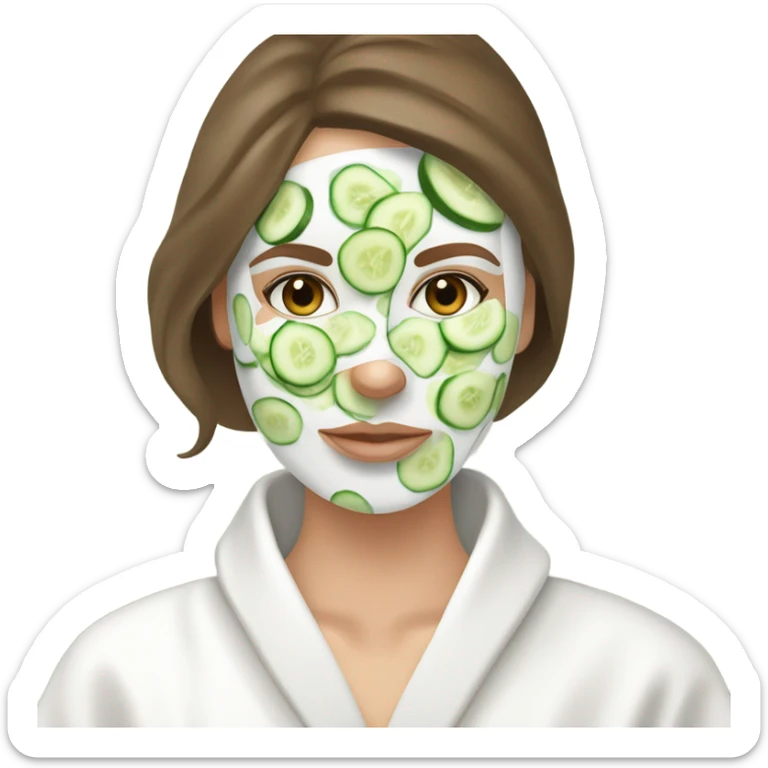 White girl with Brown hair and blue eyes wears a Green colored skincare clay textured mask and puts on cucumbers around her eyes while She relaxes in her white Robe sticker