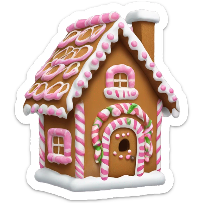 a gingerbread house with pink and White frosing around the edges sticker