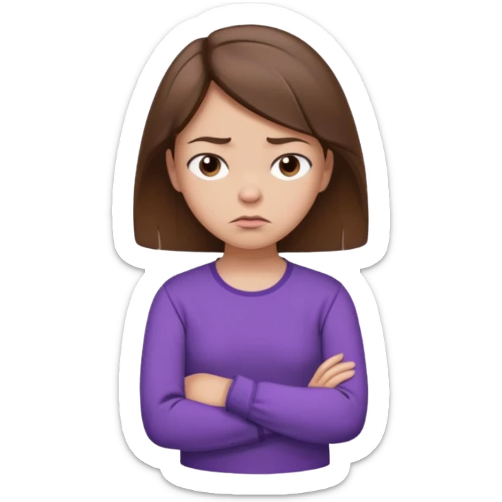 Angry Pouty girl with small squinted eyes folding arms in a purple longsleeve shirt she has fair skin and brown hair sticker
