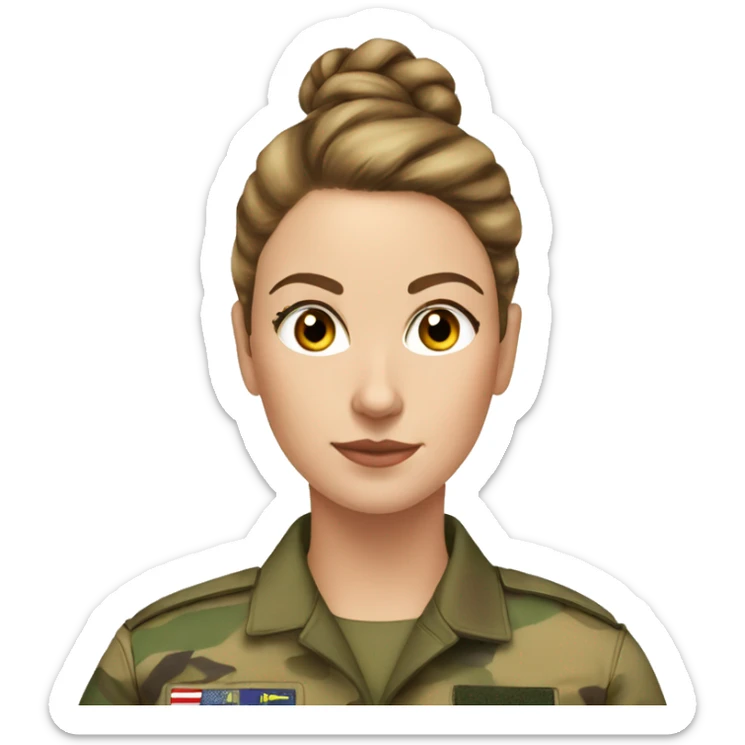 White Woman in camo military uniform , brown hair, hair bun sticker