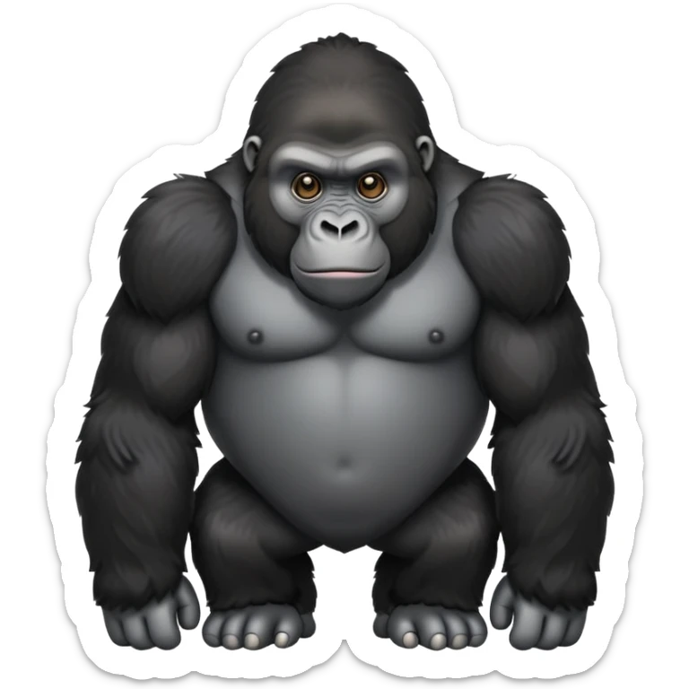 cinematic-friendly cute gorilla-realistic-full-body-crouched on all fours-emoji,-broad-and-powerful-frame-poised-with-confidence,-massive-arms-hanging-slightly-forward,-head-tilted-thoughtfully,-thick-black-fur,-deep-dark-eyes-full-of-intelligence,-simplified-yet-realistic sticker