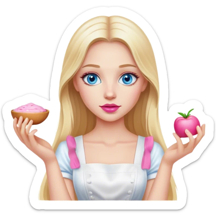 Cinematic realistic beautiful blonde with long hair, blue eyes and pink lips in a white dress cooks sticker
