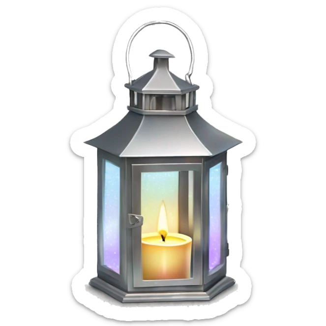 Realistic isolated metallic silver holographic lantern with glass windows and metallic silver lir candle inside. sticker