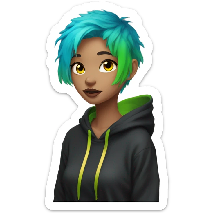 Lady with brunette and iridescent blue hair, gold, lime green dragon wings, black hoodie, bleach dyed, black and gold Nike t shirt, and bright red eyes sticker