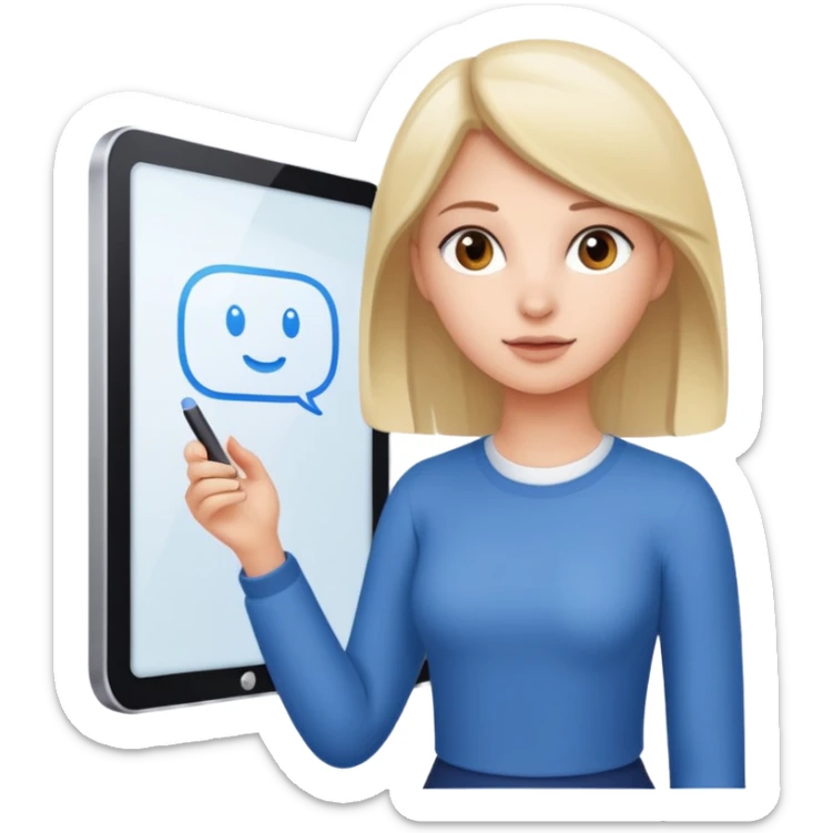 Make an emoji of a girl (no glasses) who is teaching how to use iMessage on a board sticker