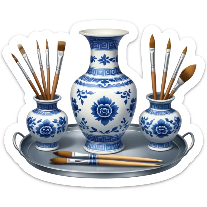 Metal painting icon, a metal vase with intricate designs in Gzhel and Chinese embroidery styles, placed on a metal tray, 3 paintbrushes beside it, minimalistic style, clean lines, transparent background. sticker