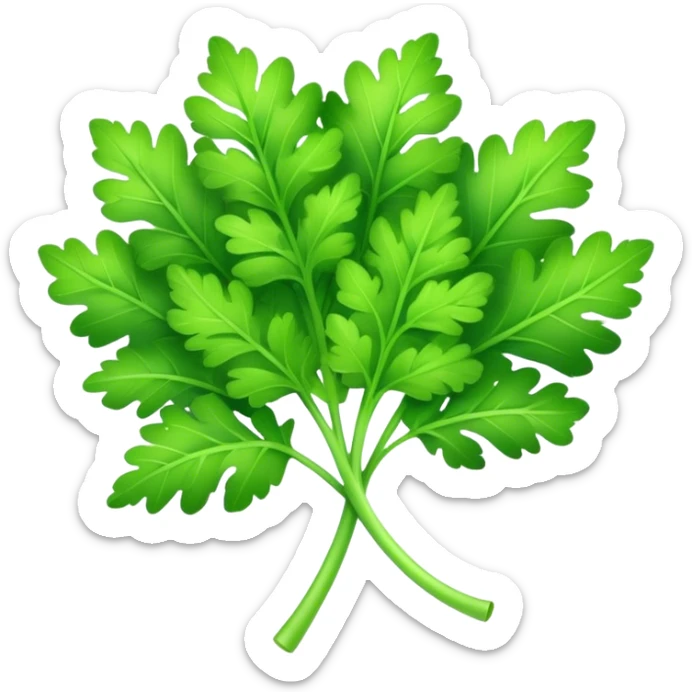 Cinematic Realistic Parsley Emoji, Fresh and vibrant, with bright green, frilly leaves that seem to shimmer with vitality. The plant exudes a sense of healthy growth and aromatic zest, inviting both beauty and flavor into any dish. Soft glowing outline, capturing the essence of freshness, health, and culinary delight in a sprig of parsley! sticker