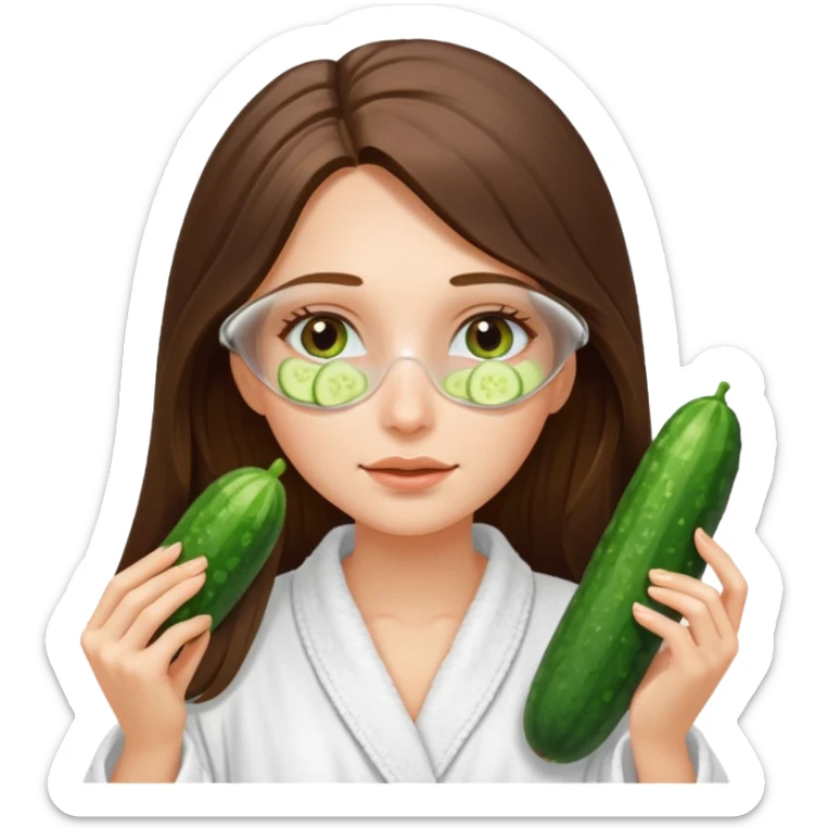 white long brunette hair girl with hazel eyes in a bathrobe with cucumber slices covering her eyes sticker