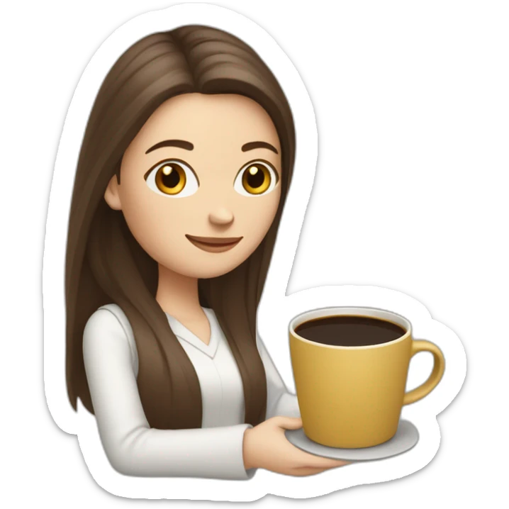 woman with long straight brown hair and pale skin holding laptops and coffee mugs sticker