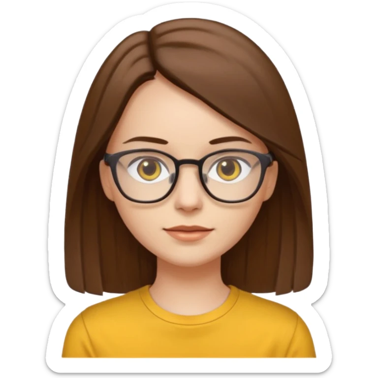 Hawaii female with white skin. Shoulder length straight brown hair. Brown eyes with glasses. Female wearing yellow shirt. sticker