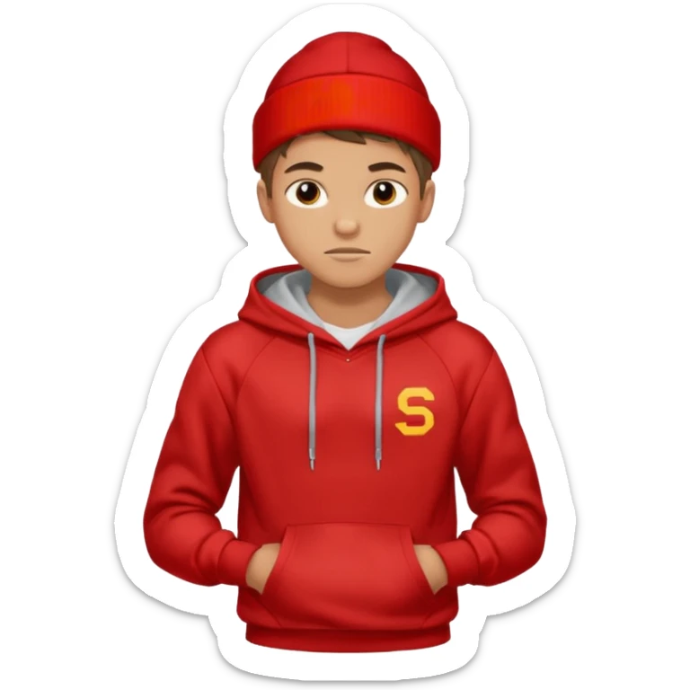 make me an emoji of an americain 19 yearold boy in a red hoodie that says "south" on it and give him with tan skin with his hands in his hands in his pocket not grining flexing his muscles sticker