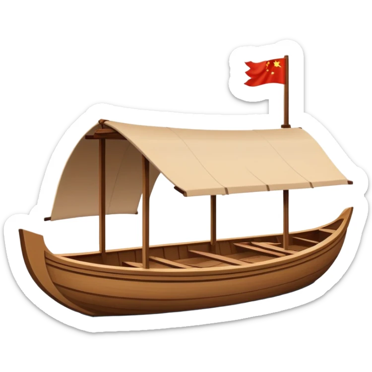 Traditional Chinese wooden boat on West Lake Hangzhou, simplified cute emoji style, wooden rowing boat with canopy, cartoon style sticker