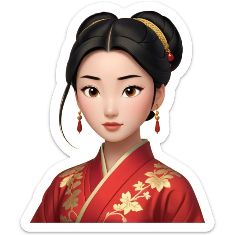 Cinematic Realistic Noble Mulan Portrait, depicted with lifelike, warm light-toned skin that reveals subtle texture and natural shadows. Her sleek black hair is intricately styled into a traditional bun with every strand rendered in exquisite detail, and her almond-shaped eyes, full of quiet resolve, are softly illuminated. She wears a meticulously detailed traditional robe with delicate red and gold accents, its rich fabric textures and gentle folds catching the light beautifully. The portrait radiates a natural, enchanting glow, capturing Mulan’s inner strength and timeless grace in a realistically painterly style. sticker