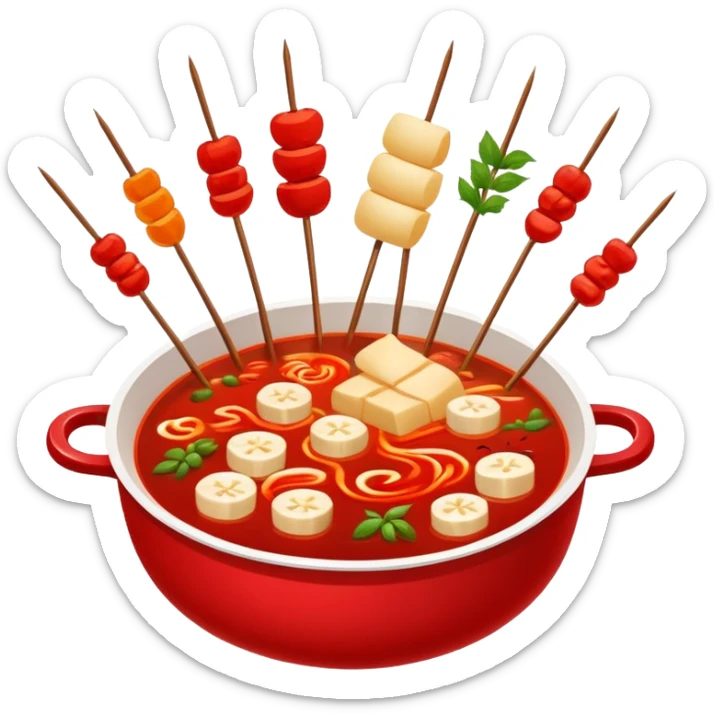 Spicy Hot Pot Skewers Malatang with various ingredients in red broth, simplified emoji style with bold outlines and bright colors, cartoon style Chinese street food bowl sticker