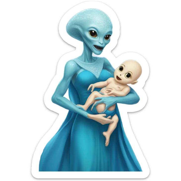  Reptilian alien woman , full body, in blu elegant dress , holds a newborn white humman baby sticker
