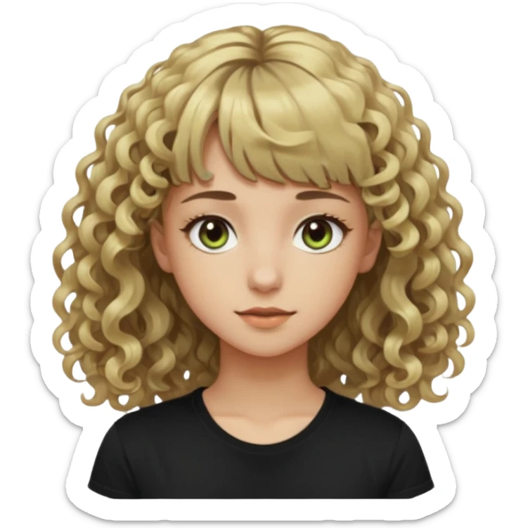 young woman wearing a black t shirt with curly dirty blonde hair, straight bangs, and hazel green & brown eyes. She has magical shadow powers like the Darkling in Shadow & Bone sticker