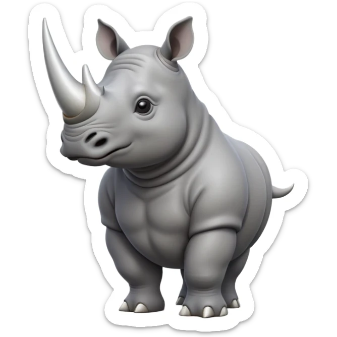 cinematic-rhino-full-body-standing-emoji,white horn, slate grey skin -massive-body-poised-powerfully,-thick-horn-curving-slightly-forward,-head-tilted-dramatically,-rough-grey-hide-covered-in-dust,-simplified-focused-features, large cute black eyes sticker