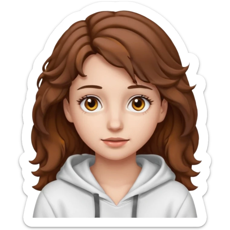 Una ragazza con una felpa semplice bianca,ha gli occhi marroni,i capelli marroni  , c’è gli ha lunghi e ricci ma non troppo e ha le ciglia stile emoji apple sticker