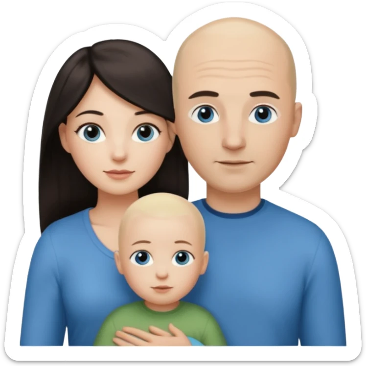 Eigene Familienbild mit 3 Personen; Frau mit dunklen Augen und dunkle lange Haare; Mann mit Vollglatze und Blaue Auge;  kleinkind mit blonden Haaren und dunklen Augen sticker