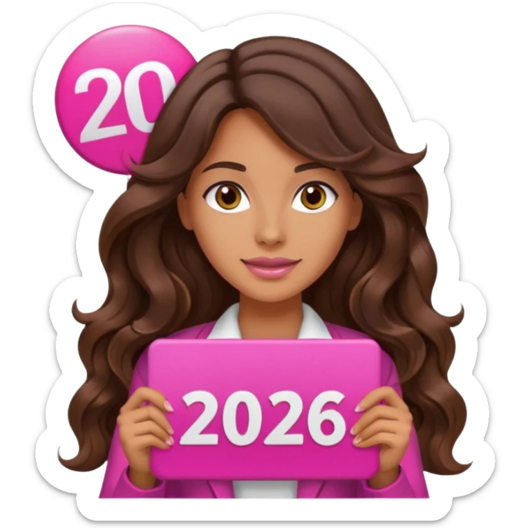 2026 sign with brunette tanned long wavy hair woman pink vibes sticker