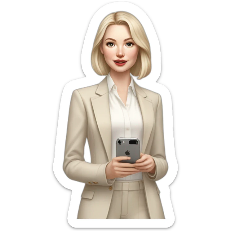 pale skin woman with ash blonde Straightened bob Hair, White Spacious classical jacket, beige palazzo Arrow pants and gray blouse holding white IPhone 15 pro in the hands sticker