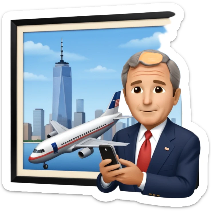  emoji of the world trade center with a plane crashed into it and george bush on a phone in front of them sticker