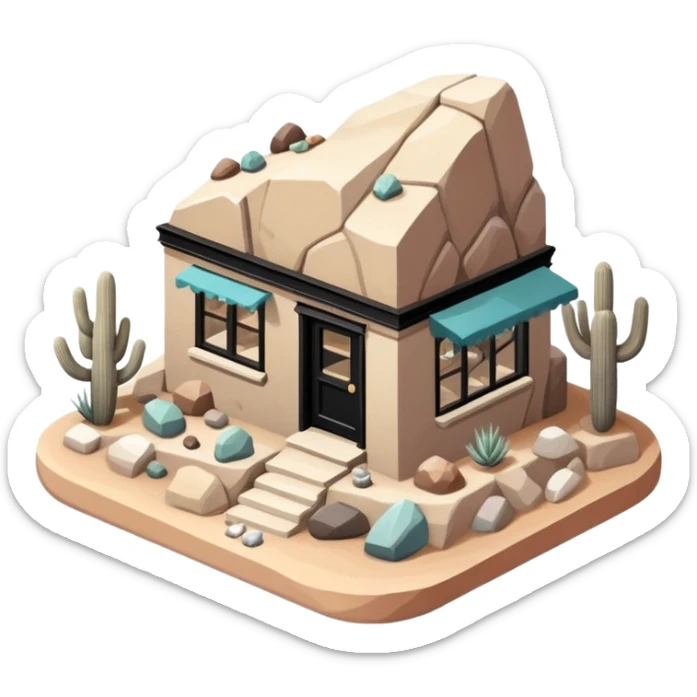 Isometric exterior little black, beige, and white southwestern desert rock and gem shop, dollhouse style 3D realistic  sticker