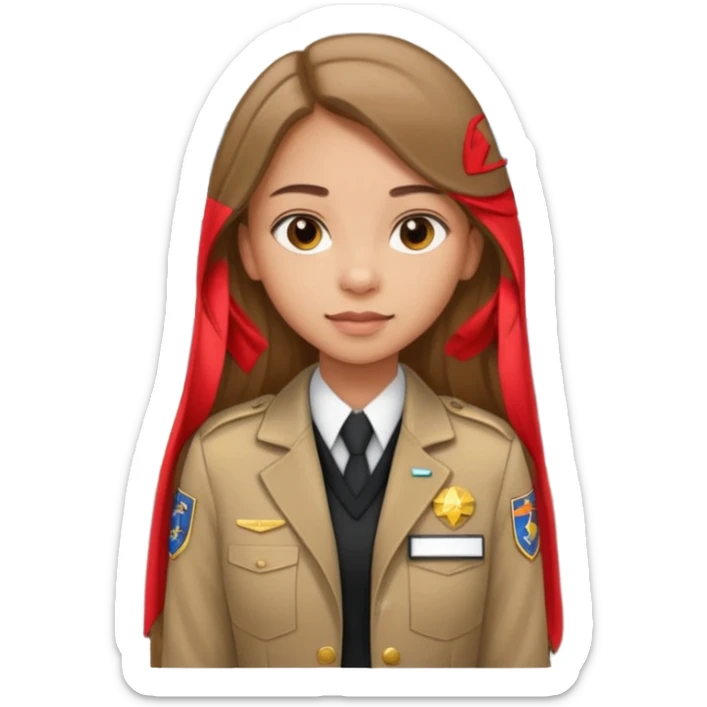 Young girl, long brown straight hair, wearing uniform jacket with hotel name badge, tasteful scarf, stand behind the desk

 sticker