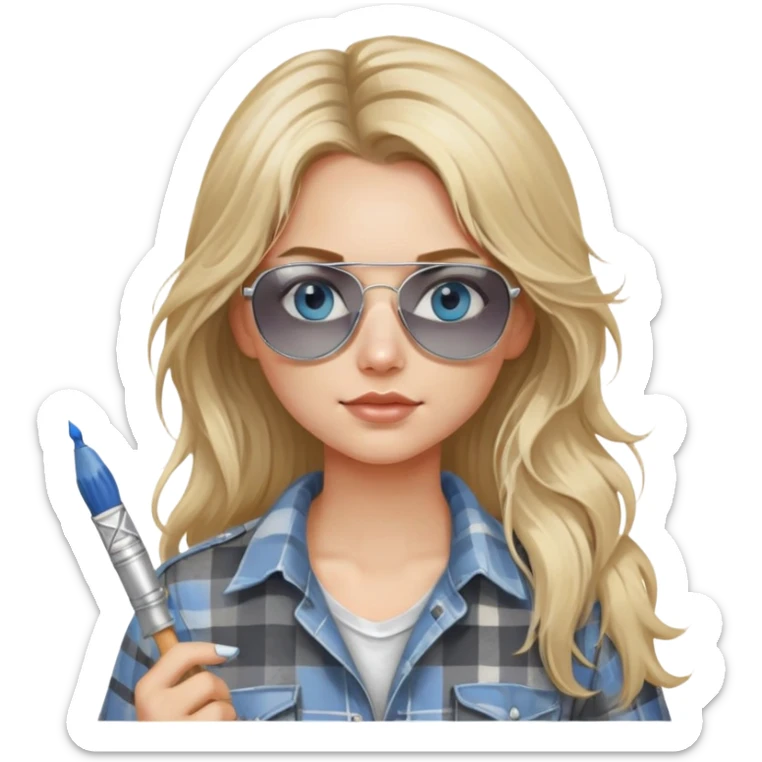 girl with long blond messy hair, wearing grey plaid shirt with blue eyes and aviator sunglasses wearing a ring on her silver necklace, holding a paint brush roller with a small bit of white paint on her face sticker
