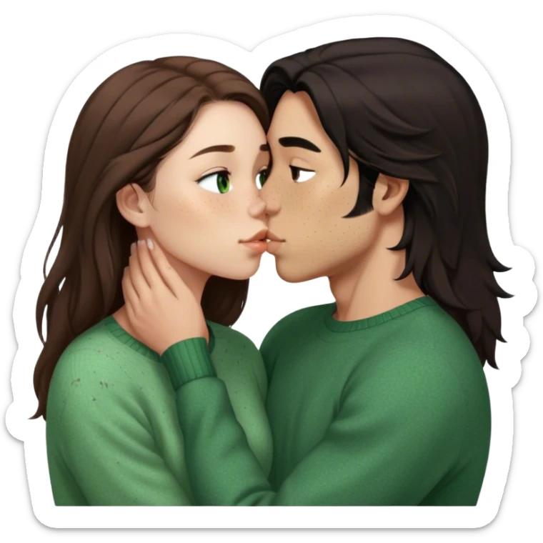 Young guy with black slightly long hair kissing a young woman with brown hair and  green sweater and only the woman has very light freckles with the emoji made so there is no part that is cut off sticker