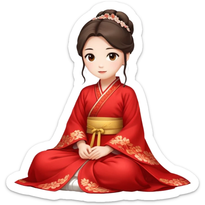 Beautiful girl wearing red Hanfu wedding dress sitting sticker