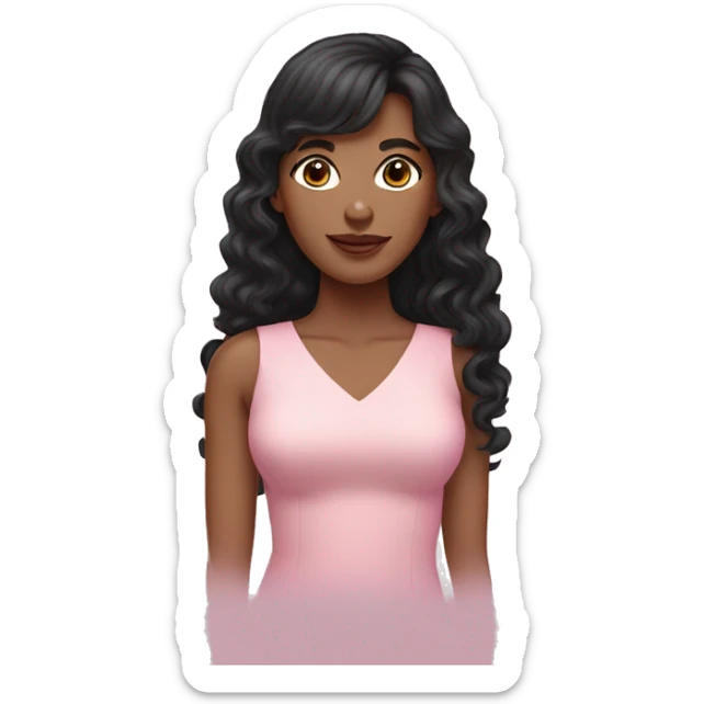 White woman with long black curly hair and bangs and dark brown eyes, wearing a pastel pink dress sticker