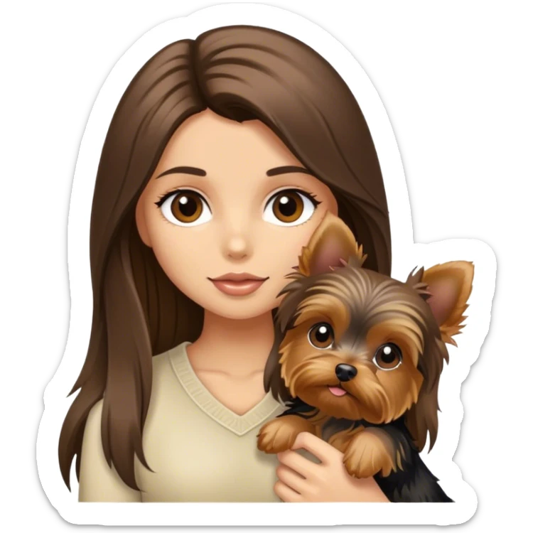 Brunette long hair light tan girl with yorkie puppy sticker