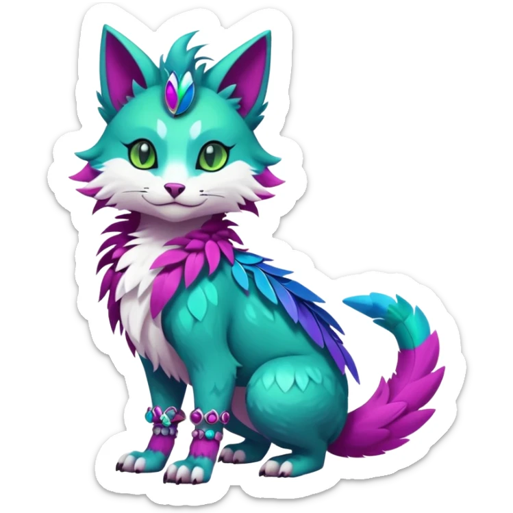 Kawaii cute colorful iridescent deep-dark-turquoise-green and magenta and white beautiful pretty elegant divine edgy feline-vernid-sergal-Fakémon-Pokémon-fursona-animal-creature with accessories, full body, with intricate detailed markings, feathers sticker