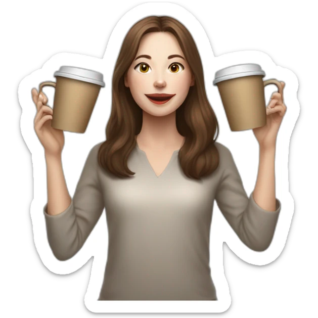 woman juggler with long straight brown hair and pale skin juggling three coffee cups and two small laptops in the air sticker