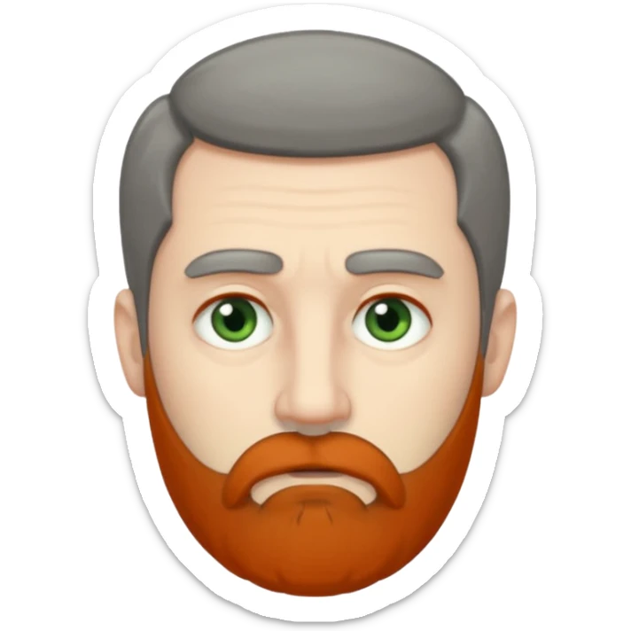 Greenish grey eyed adult man with tired look. Short dark grey hair, poor amount. He has a very long beard hanging. Pale skin. He's serious and looks tired. Make sure his hair and beard are both dark gray. Not redhead. sticker