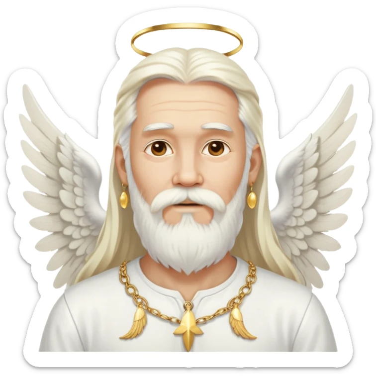 God, man with long white hair, beard and white mustache, white angel wings on his back, gold earrings hanging from ears sticker