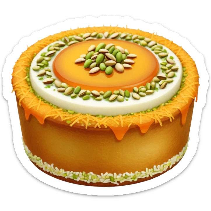 A small round emoji of traditional kanafeh with golden-orange crispy threads, a gooey white cheese center, and a light sprinkle of green pistachios. Warm and delicious-looking. sticker