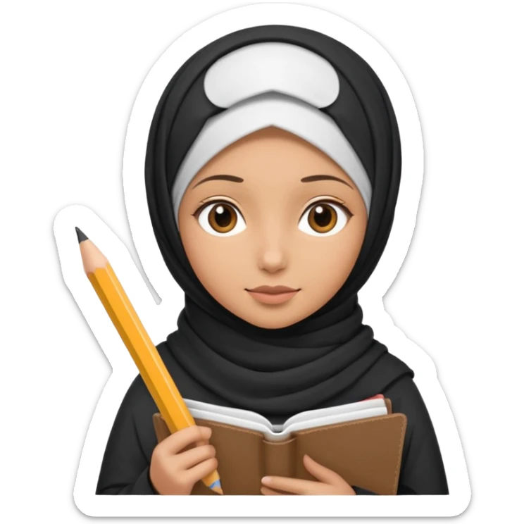 a girl wearing a hijab, holding a pencil and sketchbook, looking creative, Apple emoji style sticker
