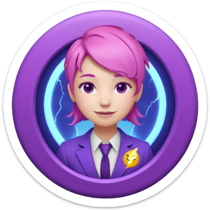 Cute 3D emoji-style girl sexy character with pink hair and purple eyes, inside a circular badge. No hands, no pose. Clean purple suit with a glowing neon-blue ‘C’ logo on the chest, small lightning accent. Smooth Apple-style lighting, friendly expression sticker