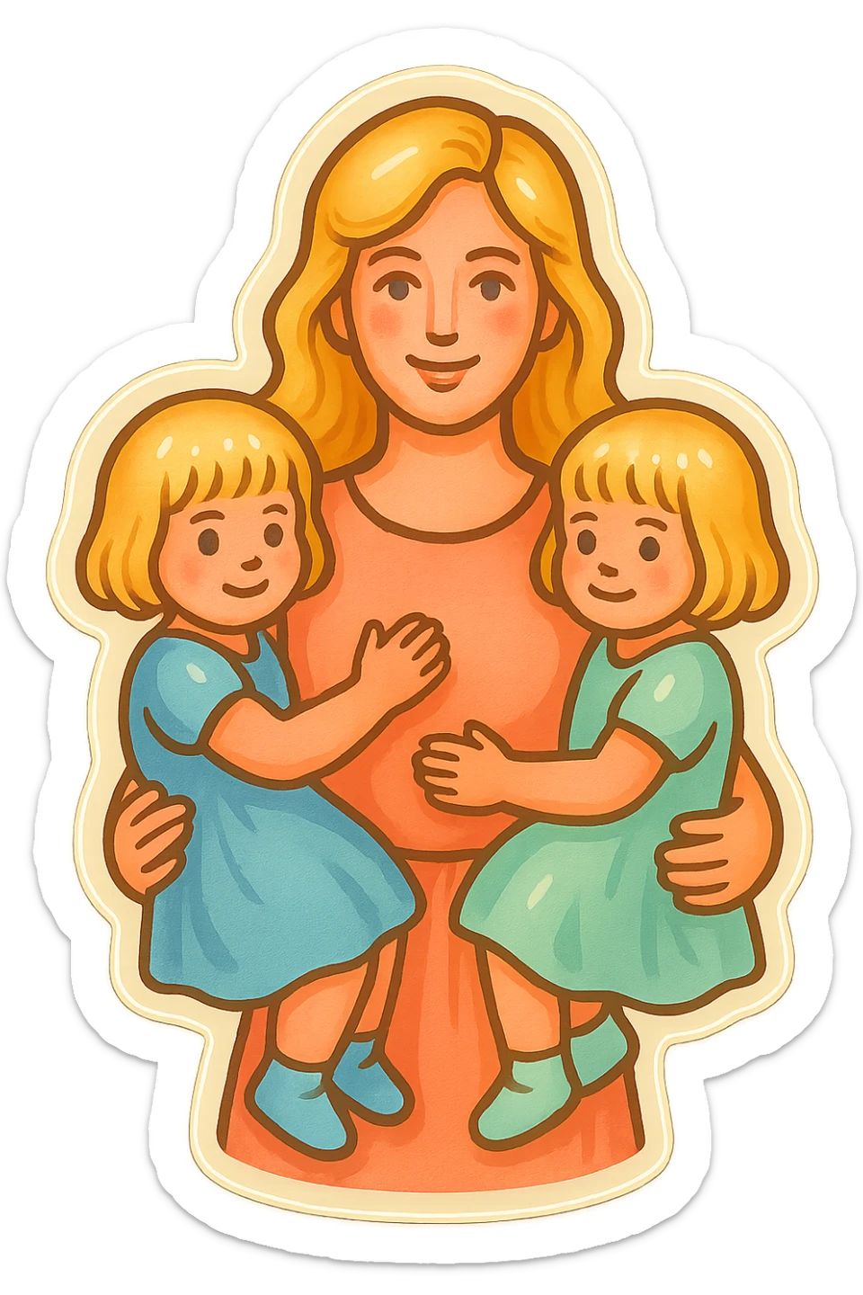 mom with long light hair and two twin girls with short light hair on arms, pastel dresses, gentle colors, retro stickers style, soft light, different compositions sticker