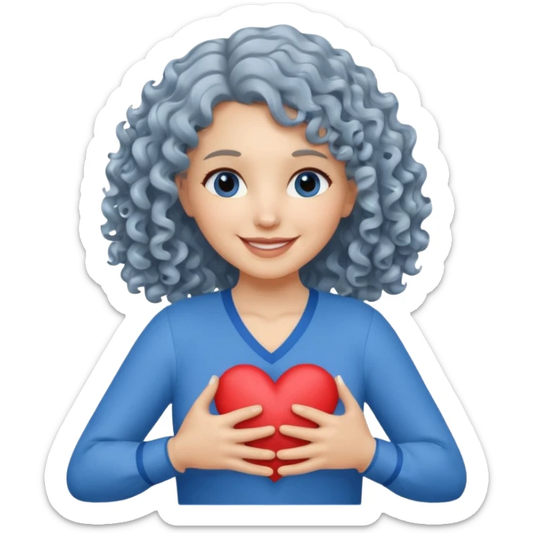 Silver, wavy/curly hair chin-length lady giving hug with 2 arms, blue v-neck and smiling, add a heart, not blue hair sticker