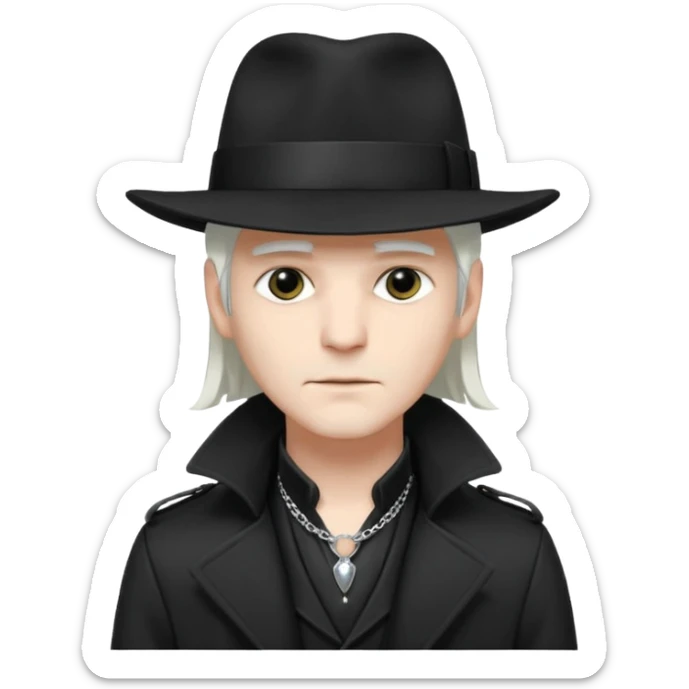 Male Goth with Fedora
 Sleek long hair, white skin, black trench coat, silver necklace visible under coat, white long hair sticker