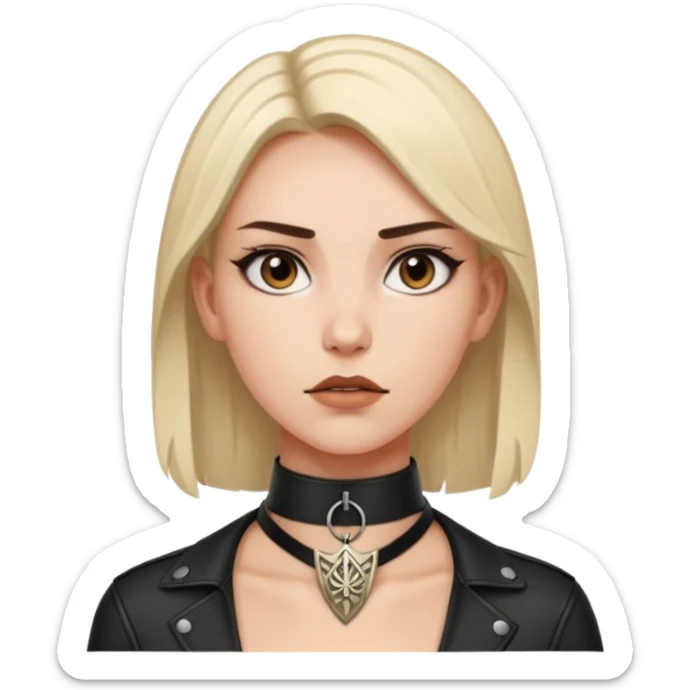 Leather choker with sigil around woman’s neck, pulse visible, dominance tone sticker