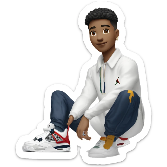 Jeune garçon clair de peau avec un taper des Jordan 4 un outfit américain des bijoux pour homme et u e sacoche Lacoste  sticker