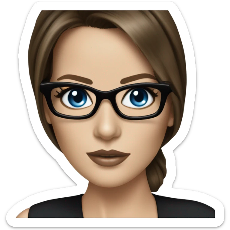 Hyper Realistic photo Kate Beckinsale blue eyes wearing glasses in a business meeting black dress sticker
