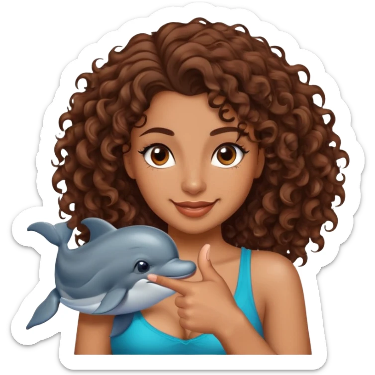 One piece style of a girl  with brown medium length to her boobs curly hair a tatto in pin of a dolphin on her left shoulder doing a thumbs up winking brown eyes and laying color skin  sticker