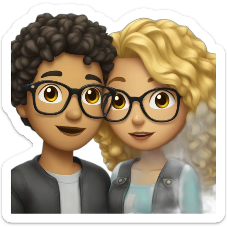 boy with curly blonde hair and glasses kissing girl with wavy black hair and glasses sticker